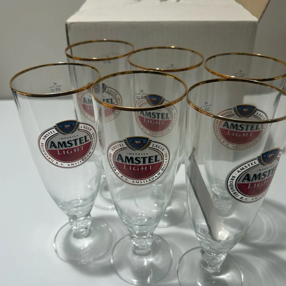 Brand New in Box Lot of 6–Amstel Light Stemmed Gold Trim Beer Glass 33CL